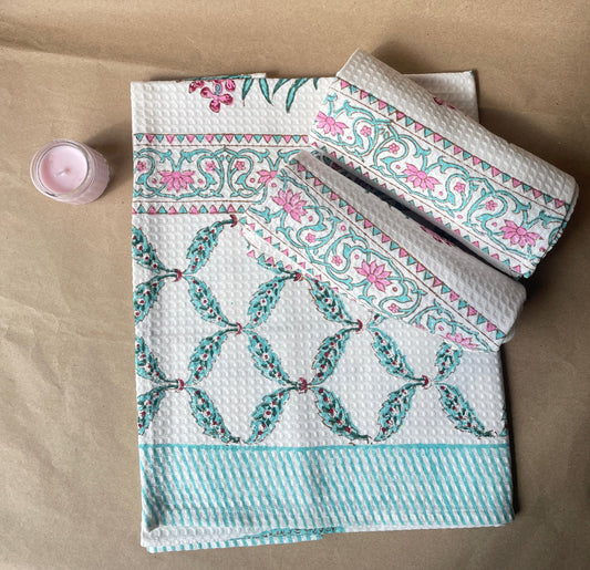 Spring Reverie Handblock Cotton Waffle Bath Towe Set ( 1 Bath Towel + 2 Hand Towel)