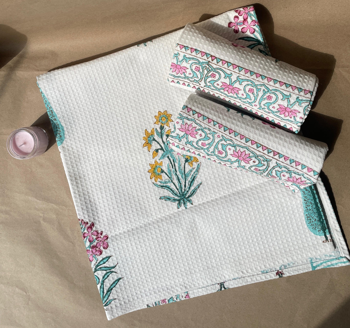 Spring Reverie Handblock Cotton Waffle Bath Towe Set ( 1 Bath Towel + 2 Hand Towel)