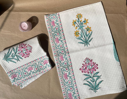 Spring Reverie Handblock Cotton Waffle Bath Towe Set ( 1 Bath Towel + 2 Hand Towel)