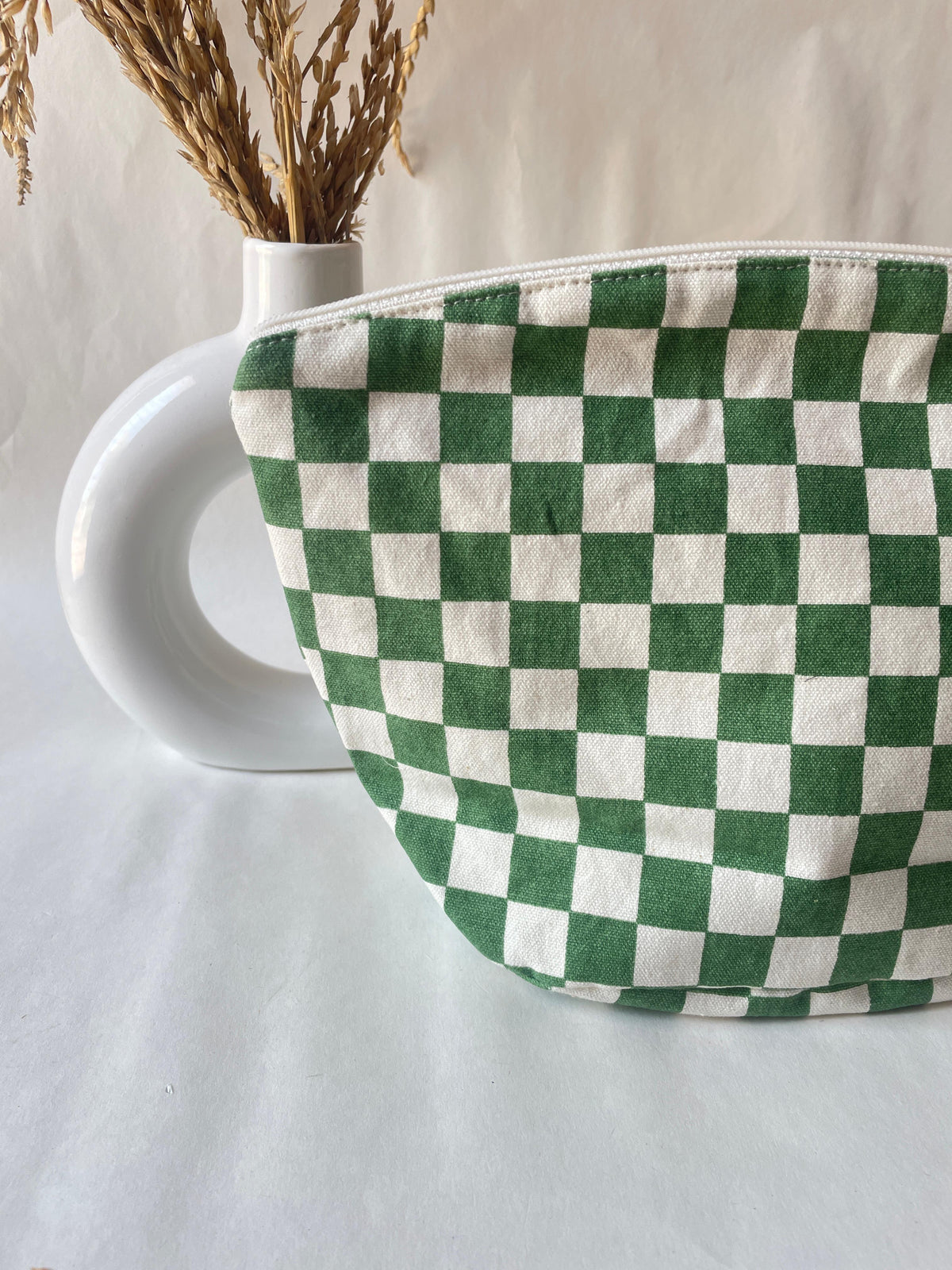 Green Checkered Cotton Canvas Big Pouch