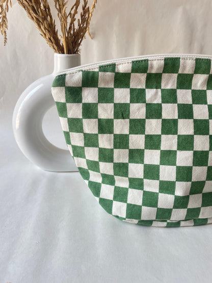 Green Checkered Cotton Canvas Big Pouch