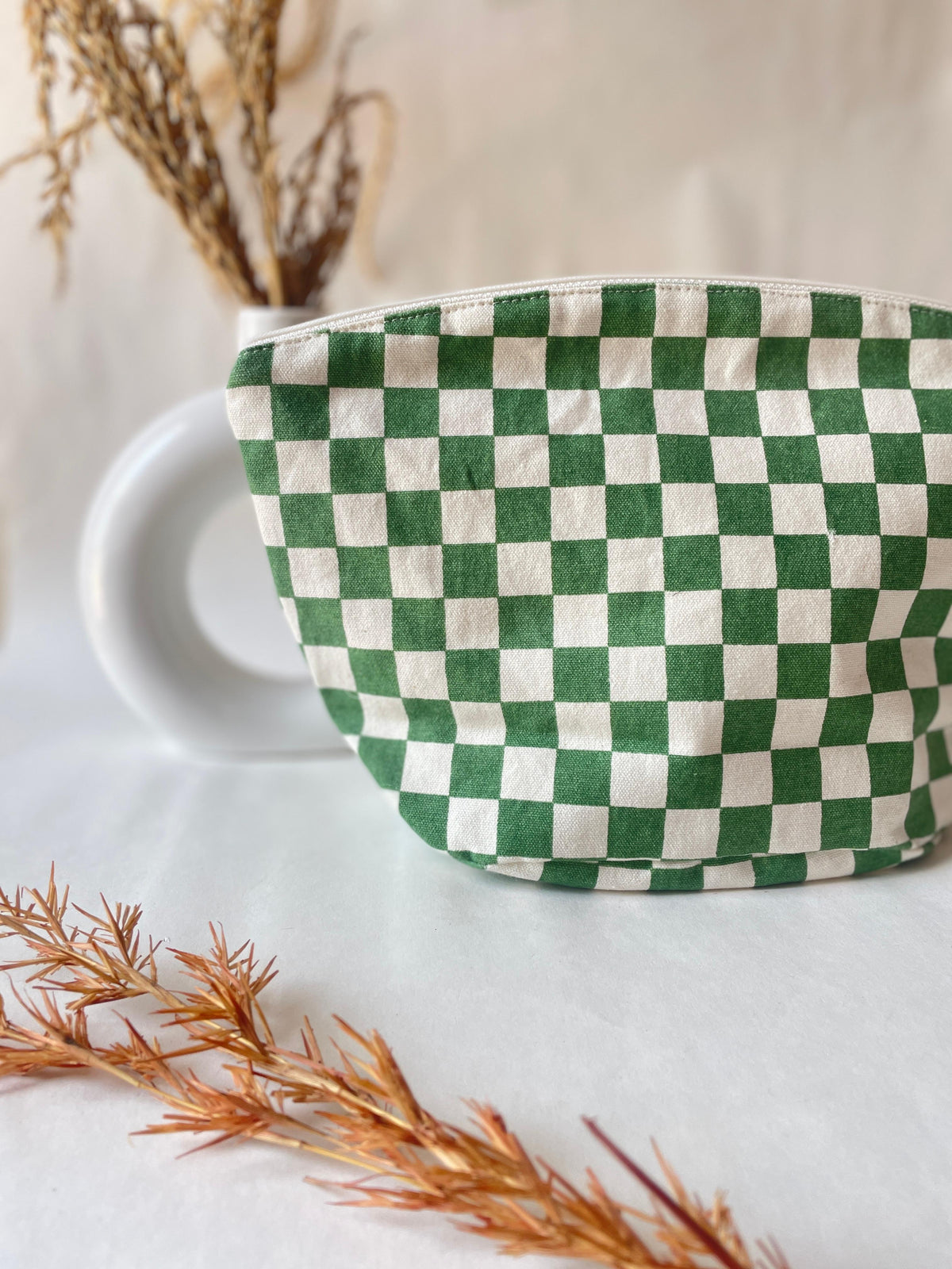 Green Checkered Cotton Canvas Big Pouch