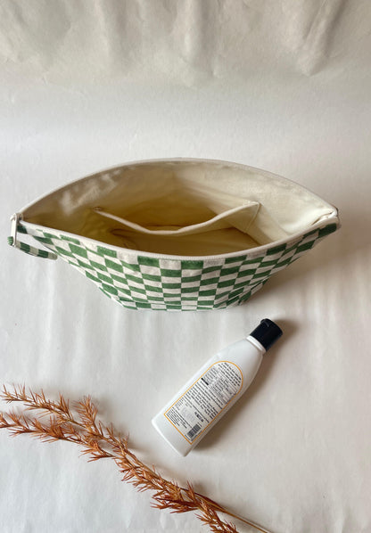 Green Checkered Cotton Canvas Big Pouch